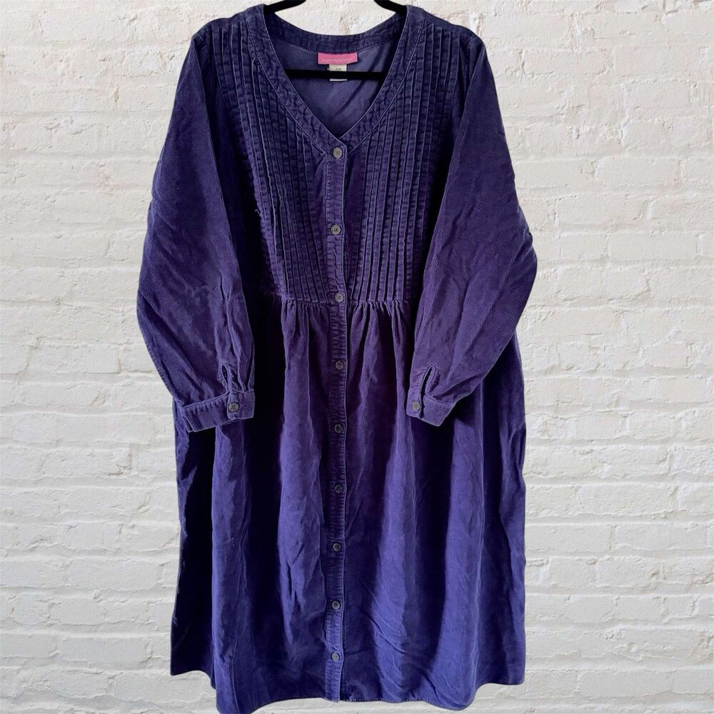 Woman Within Sz 24W 2X Blue Corduroy Maxi Dress Pintucks Pockets Prairie Modest